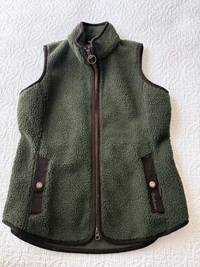 Barbour  women Olive Green Sherpa Vest with Brown Trim